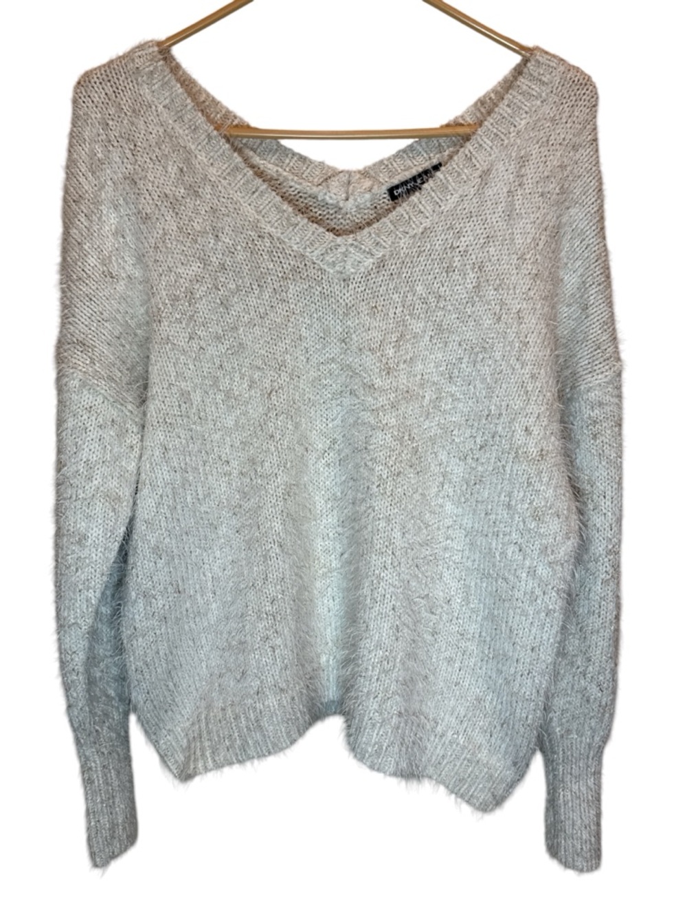 DKNY Jeans White Knit Soft Fuzzy Fluffy Cozy Sweater Medium V Neck EUC